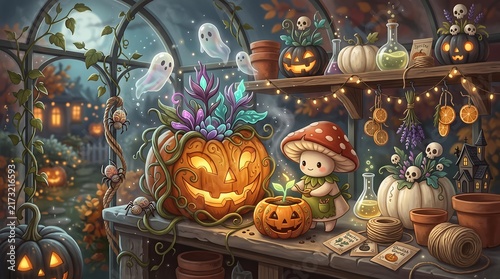 Cute Mushroom Character in Magical Halloween Greenhouse with Glowing Jack O Lanterns and Ghosts Whimsical Art Poster