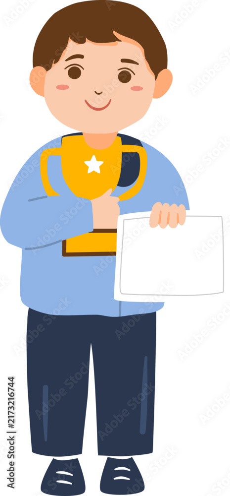 Fototapeta premium Student boy holding a medal and blank certificate