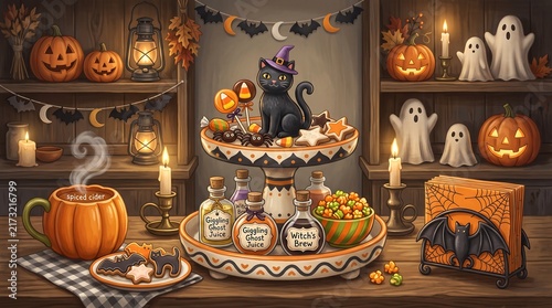 Whimsical Halloween Sweets Display Illustration with Black Cat Figurine and Ghost Decor for Spooky Holiday Party Banner