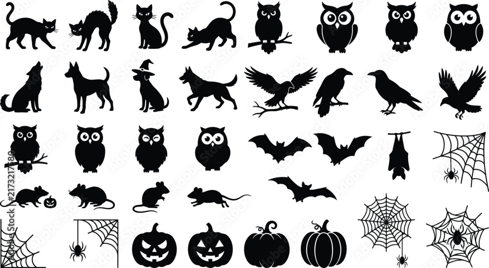 Fototapeta premium Halloween animal silhouette icon collection, spooky cats owls wolves bats spiders pumpkins skulls witch hat ravens rats vector EPS10 SVG design