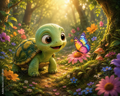 Cute baby turtle looking at a colorful butterfly in a magical sunlit forest meadow.