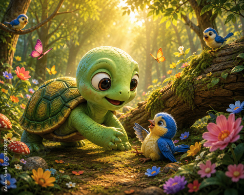 Cute cartoon turtle and little blue bird in a magical sunlit forest meadow