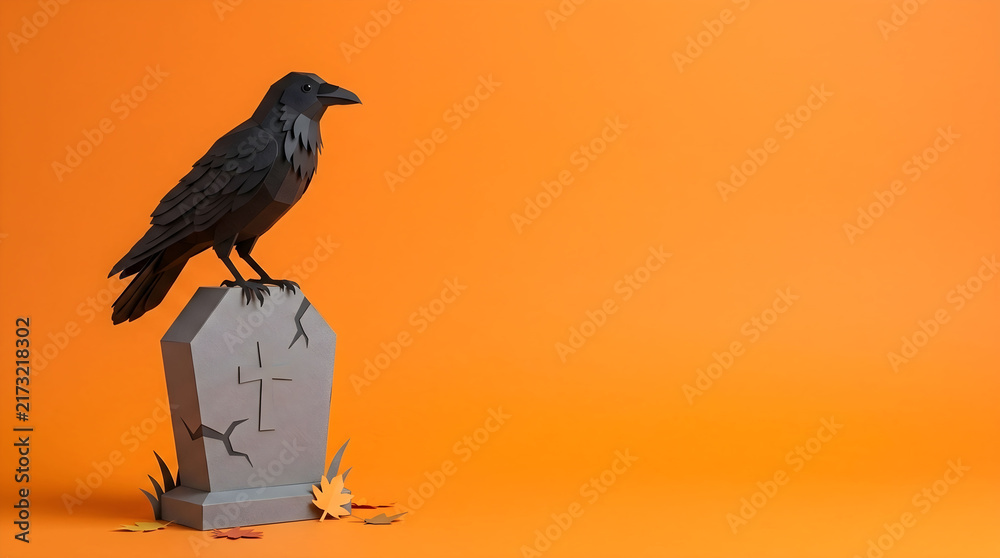 Naklejka premium Minimalist Halloween papercraft crow perched on a tombstone with autumn leaves and orange copyspace