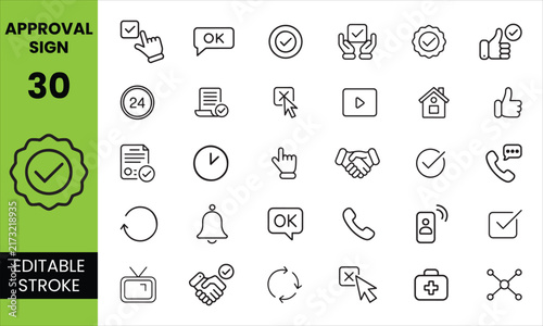 Approval Sign Editable Stroke Icon Set - Checkmark, Guarantee, Approved Stamp & Verification Vector Icons