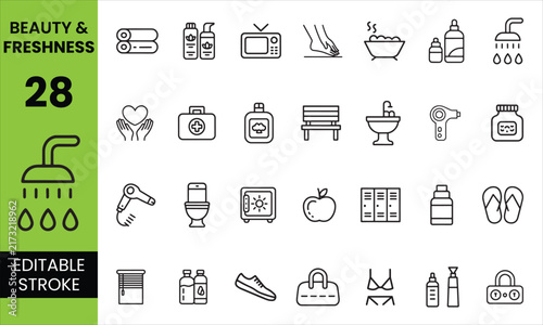 Beauty and Freshness Editable Stroke Icon Set - Skincare, Spa, Cosmetics, Hygiene & Wellness Vector Icons
