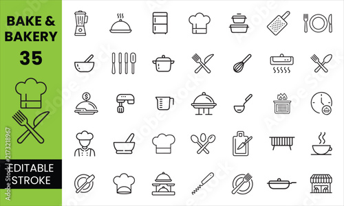 Bake and Bakery Editable Stroke Icon Set - Bread, Pastry, Chef Hat, Kitchenware & Dessert Vector Icons