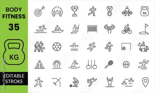 Body Fitness Editable Stroke Icon Set - Gym, Workout, Exercise, Health & Sports Vector Icons