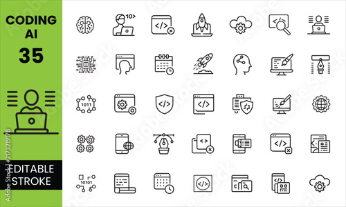 Coding AI Editable Stroke Icon Set - Programming, Artificial Intelligence, Machine Learning & Software Development Vector Icons