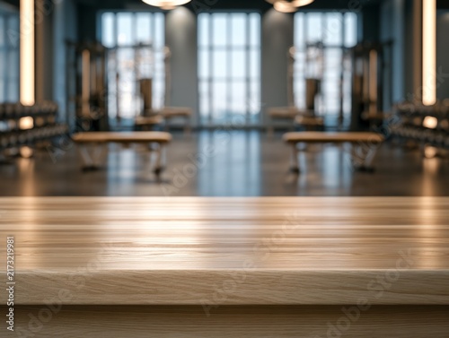 Empty wooden tabletop in modern gym interior with blurred fitness equipment background