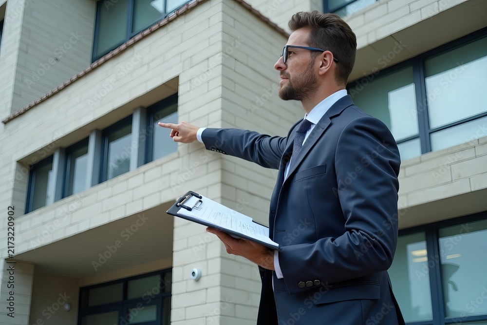 Fototapeta premium Security Expert Analyzes Building Facade for Potential Vulnerability with Clipboard in Hand