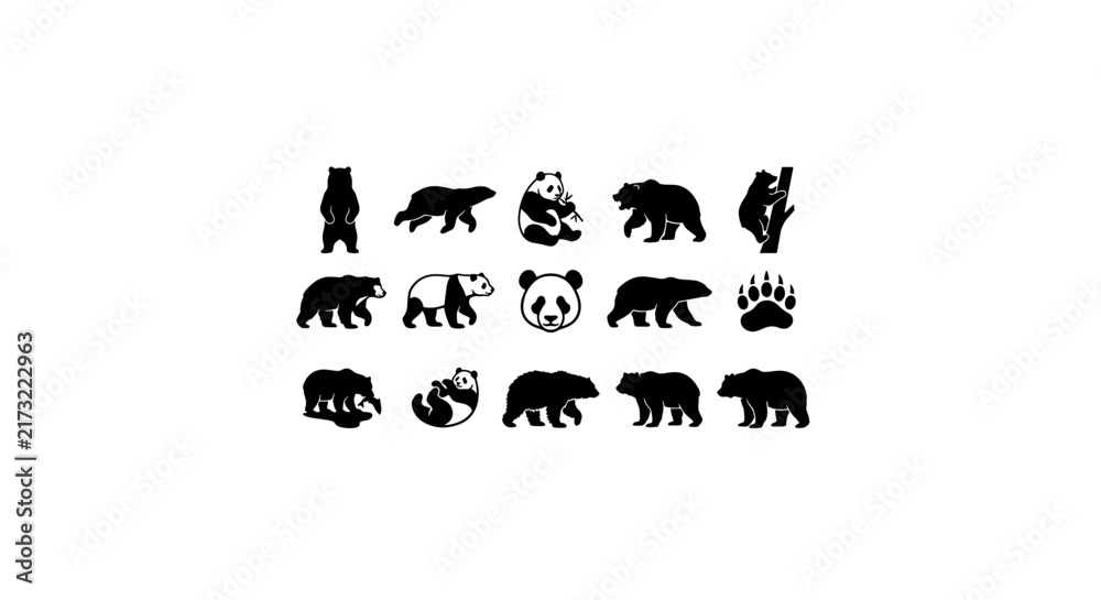 Fototapeta premium Bear Silhouettes Collection, Panda Icons, Wildlife Vector Graphics, Animal Paw Print