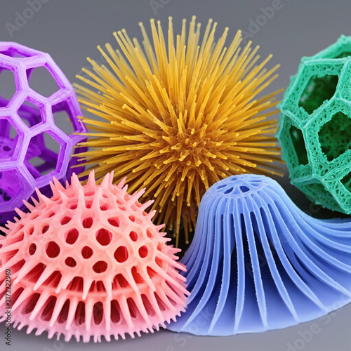 A vibrant group geometric models replicating intricate microscopic radiolaria skeletons. The collection features highly detailed structures, including a spiky, porous, ribbed and polyhedral lattices