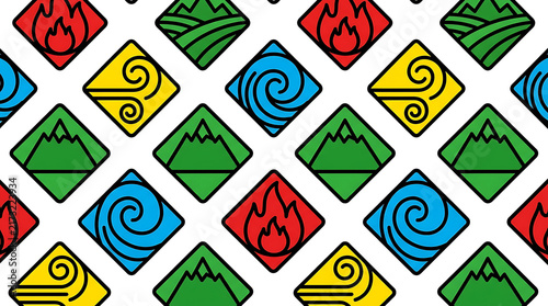 Elements of Nature Pattern: A vibrant repeating pattern featuring stylized icons representing the four classical elements: fire, water, air, and earth, set against a clean white background.