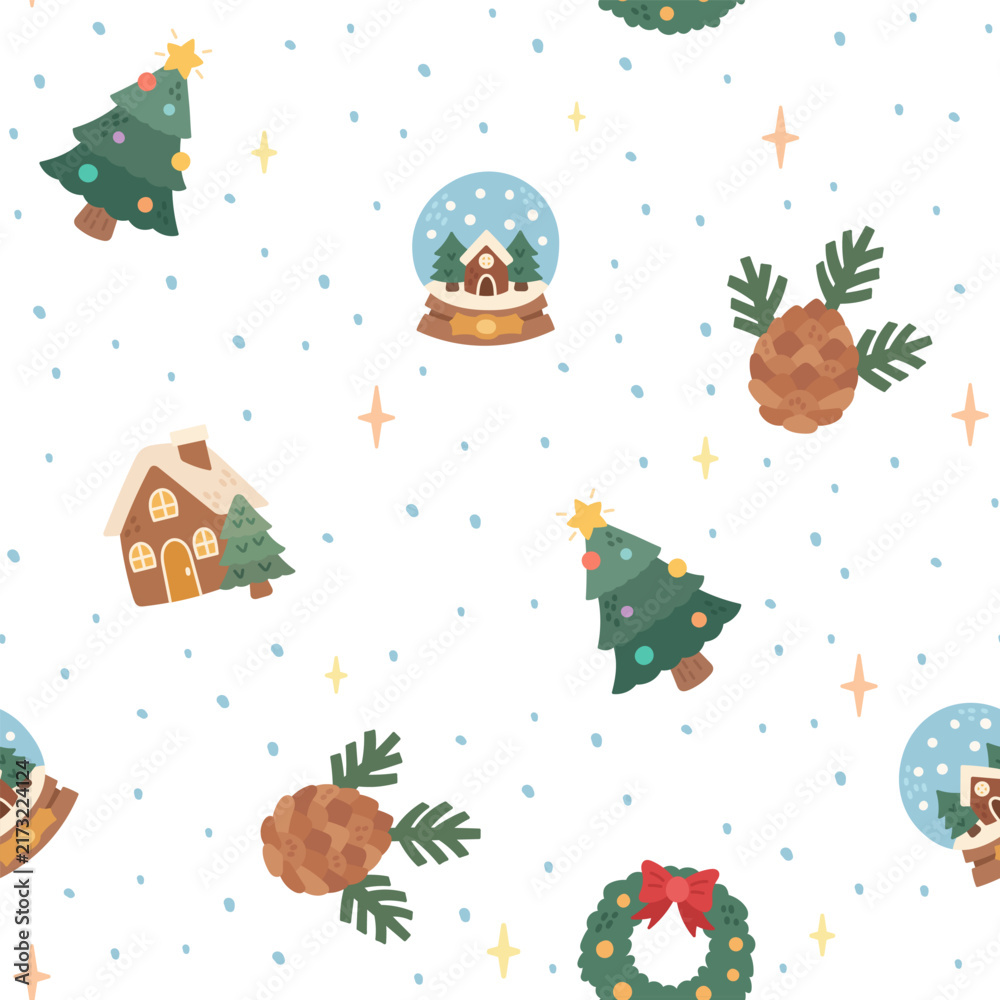 Obraz premium Christmas seamless pattern set featuring tree wreath house pine cone snow ball star holiday winter decoration season ornament celebration wallpaper