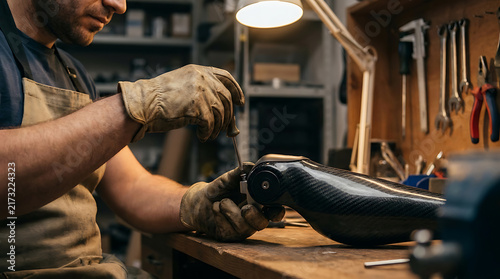 Prosthetic Limb Craftsmanship: A skilled artisan meticulously assembles a prosthetic leg in a workshop, demonstrating precision and dedication to innovation in assistive technology.