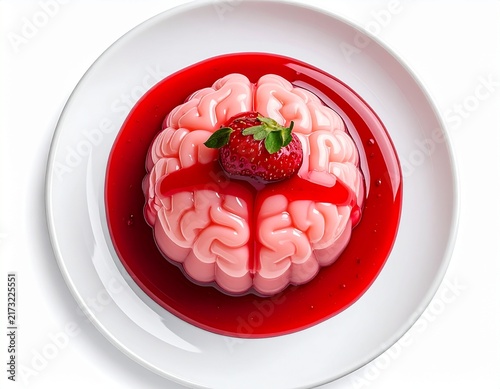 Spooky Halloween Brain Jelly Dessert with Red Syrup Isolated on White