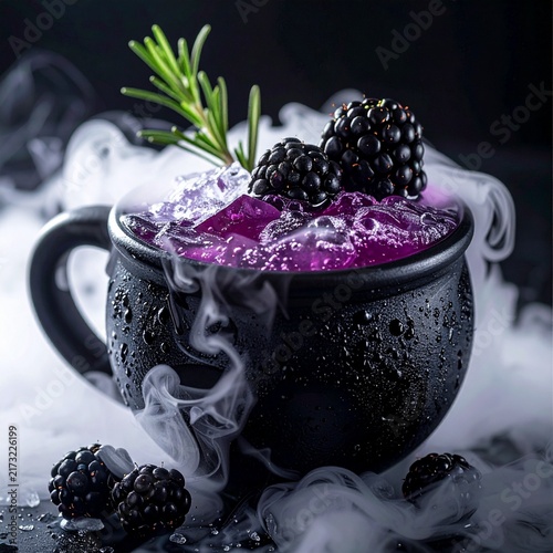 Halloween Witch Cauldron Cocktail with Spilling Fog Isolated on White