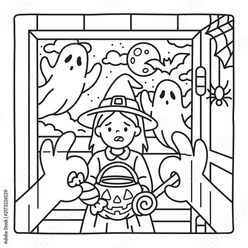 Funny Halloween coloring page with a little girl asking for candy at a doorstep when a spooky monster ghost opens the door and more ghosts suddenly appear behind her.