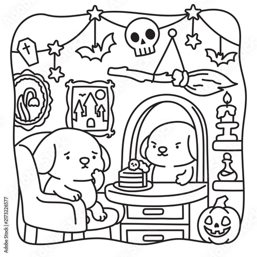 Mysterious Halloween coloring page with a frightened little dog seeing an evil version of itself in the mirror. Is it a ghost, a shadow or a spooky reflection.