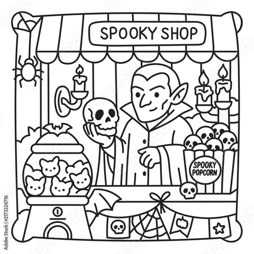 Charming Halloween coloring page with a vampire shopkeeper selling creepy sweets at a spooky candy stand. Fun display filled with skull treats, jars, popcorn and festive decorations.