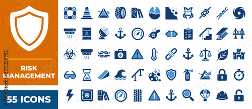 Risk management icons in blue and orange for safety planning and security.