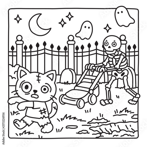 Quirky Halloween coloring page with a zombie cat wandering through a graveyard while a skeleton mows the grass. Little ghosts float above the cemetery fence under a crescent moon.