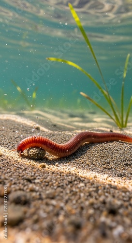 Red Aquatic Worm Crawling on Sandy Underwater Riverbed with Green Plants