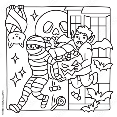 Cute Halloween coloring page with a wrapped mummy and vampire holding a pumpkin bucket full of sweets. Spooky line art with skull, bats, candy and festive details.
