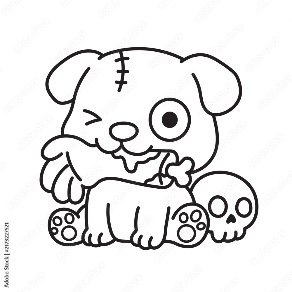 Obraz premium Cute zombie puppy sitting with a hand beside a skull. Spooky Halloween line art combines an adorable dog with creepy skeleton.