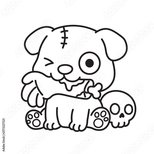 Cute zombie puppy sitting with a hand beside a skull. Spooky Halloween line art combines an adorable dog with creepy skeleton.