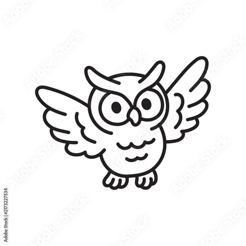 Playful Halloween coloring page with a cute owl flying with spread wings. Simple spooky line art. 