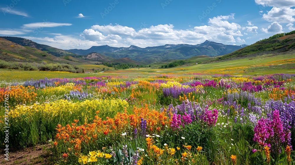 Fototapeta premium Vibrant wildflower meadow in full bloom rolling hills and mountains under a blue sky with clouds a picturesque natural landscape for travel and nature themes