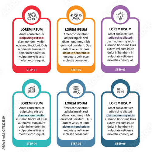6 steps infographic template with 6 options. Flowchart that can be used for business report, data visualization and presentation. Timeline infographic elements vector illustration.