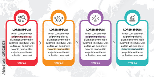 4 steps infographic template with 4 options. Flowchart that can be used for business report, data visualization and presentation. Timeline infographic elements vector illustration.