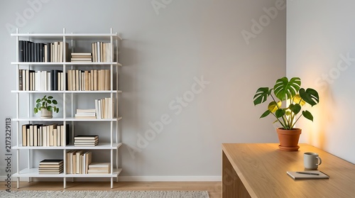 Modern minimalist home office interior featuring a white metal bookshelf filled with books and a wooden desk workspace