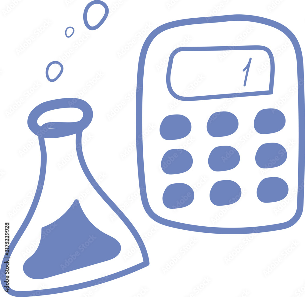 Naklejka premium Hand Drawn Doodle Calculator with Number One and Chemistry Test Tube.