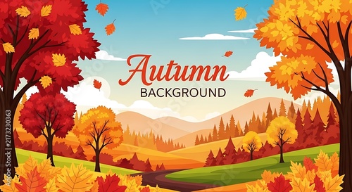 Colorful Autumn Landscape with Falling Leaves and Text in Forest Valley