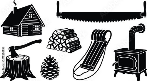 Black and white vector silhouette set featuring a rustic log cabin, lumberjack tools, winter sled, and wood stove.