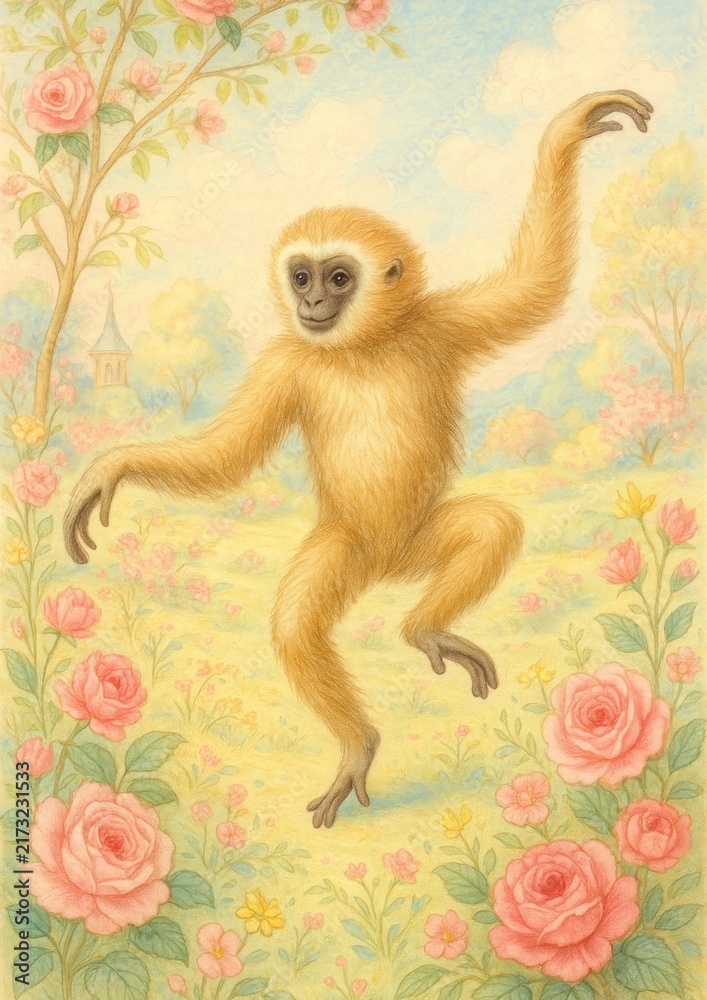 Naklejka premium Playful monkey amidst blooming roses.