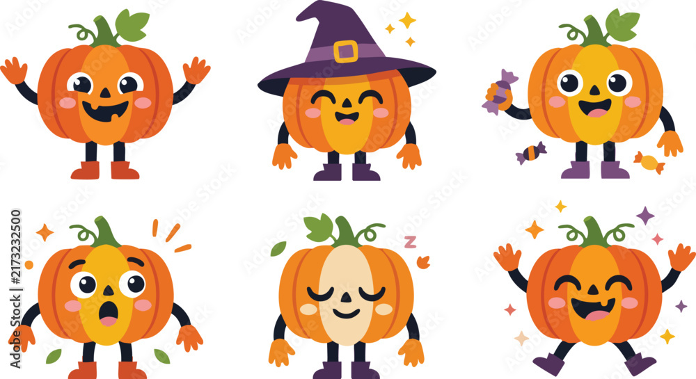 Fototapeta premium Cute Halloween Pumpkin Characters in Witch Hat and Festive Costume Flat Vector Illustration