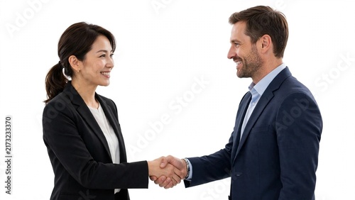 Businesswoman in black suit shaking hands with smiling businessman during career job interview.