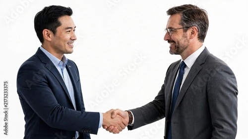 Diverse male business partners shaking hands after successful negotiation in professional suits.