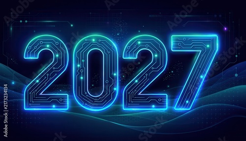 2026 greeting card with blue digital technology theme, snowy Christmas and New Year background
