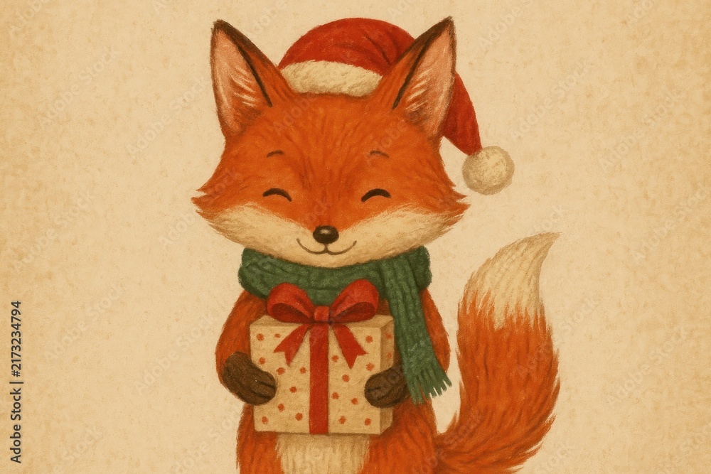 Fototapeta premium Festive fox with gift illustration background