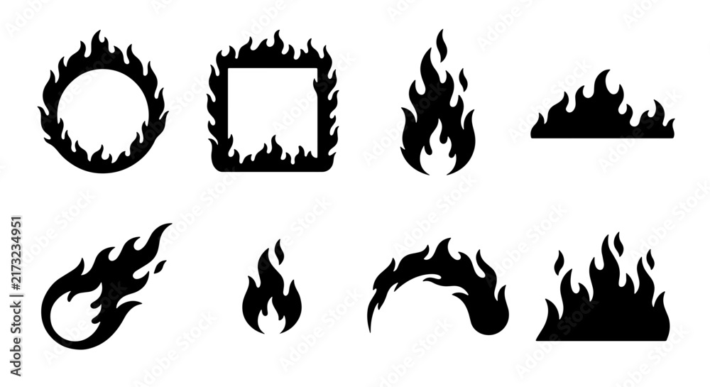 Obraz premium Fiery Flame Icons Set, Burning Fire Shapes Vector Graphics, Heat Energy Symbols, Dynamic Blaze Illustrations