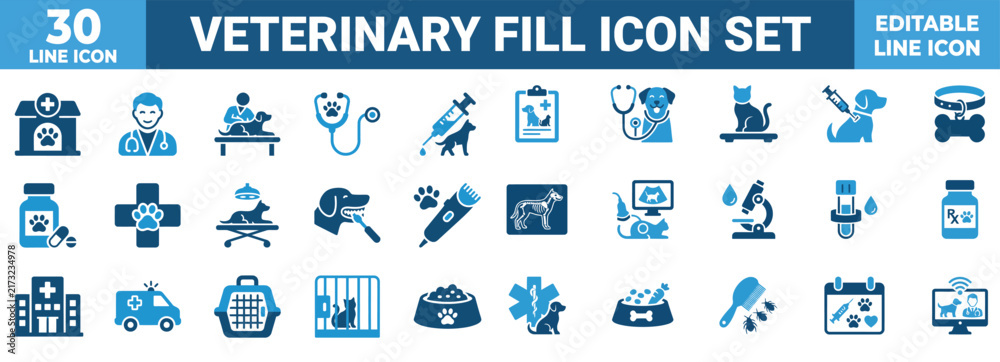 Naklejka premium Veterinary Fill Icon Set – Pet Care, Animal Health, Clinic, Vaccination, Medicine, Surgery, Grooming, Diagnosis and Veterinary Healthcare