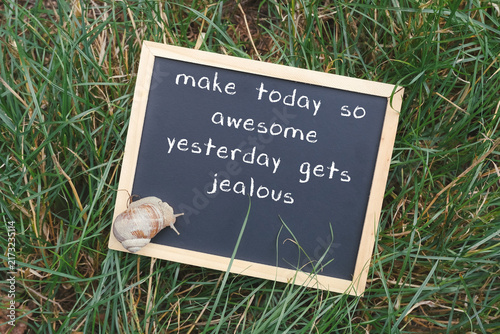 A chalkboard with an inspirational quote placed on grass, accompanied by a snail. The message encourages making the present day memorable.