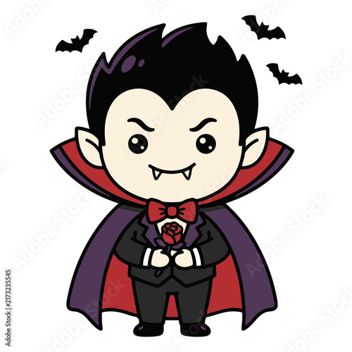 Bild auf Leinwand Cute Little Girl Holding a Rose, Adorable Cartoon Vampire Child Character in Hal