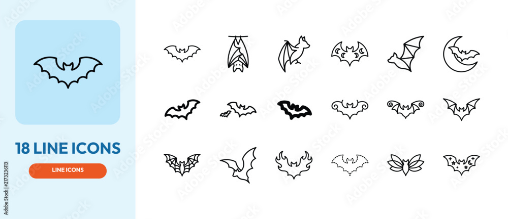 Fototapeta premium Bat line icons collection contains various flying mammal silhouettes for halloween design and spooky animal illustrations.