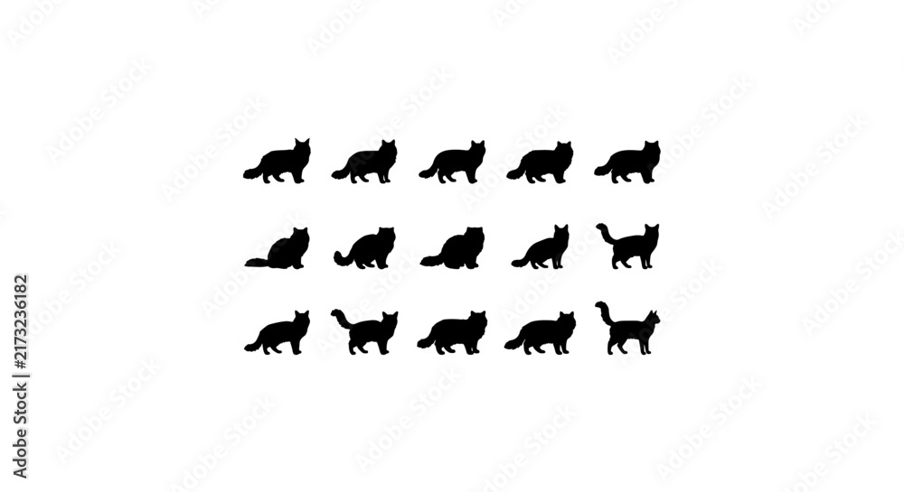 Fototapeta premium Collection of 15 Black Cat Silhouettes, Diverse Poses, Vector Graphics for Pet Lovers
